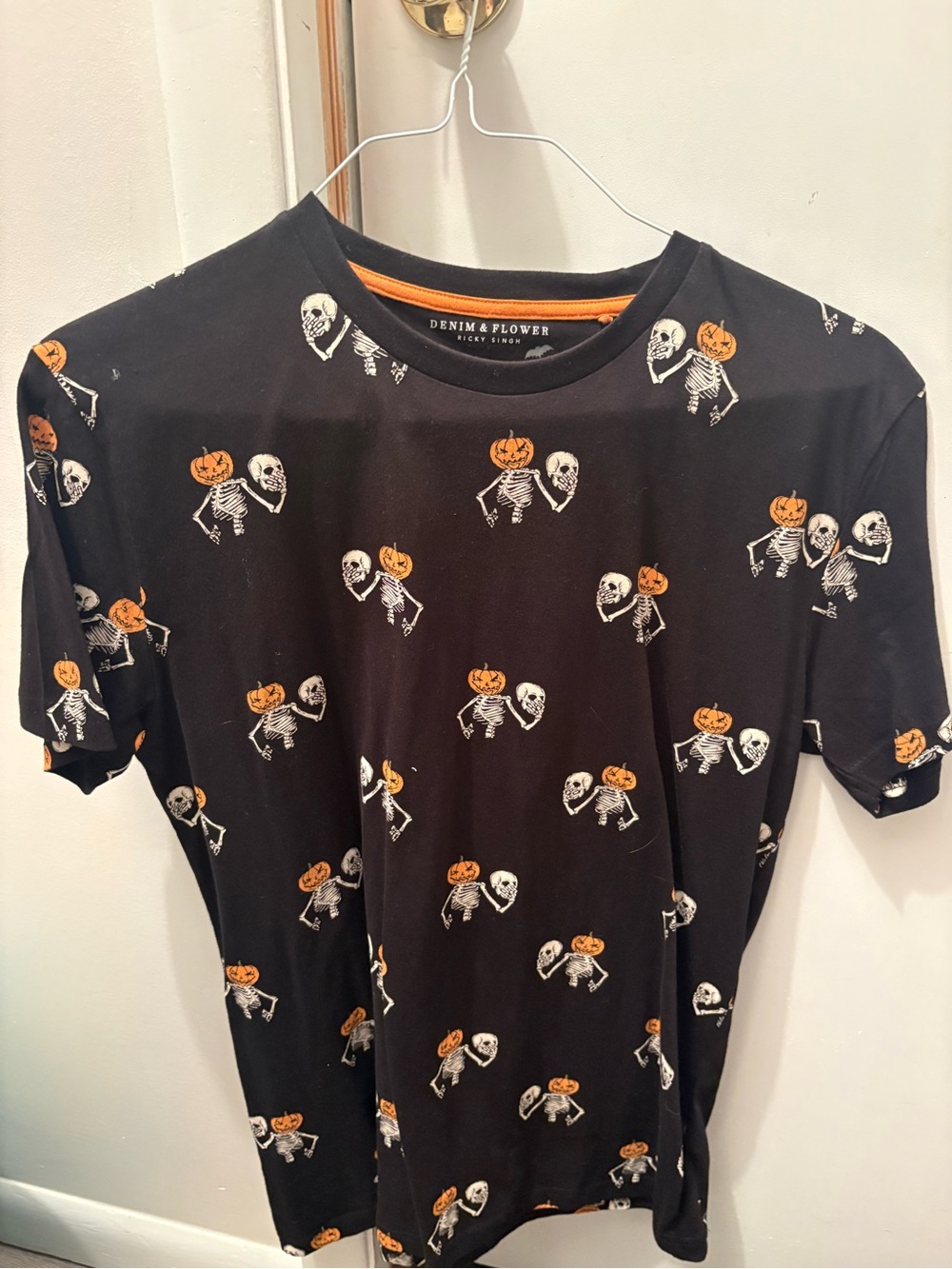 Denim & Flower Black Halloween Tee with Orange Pumpkin Skeleton Print